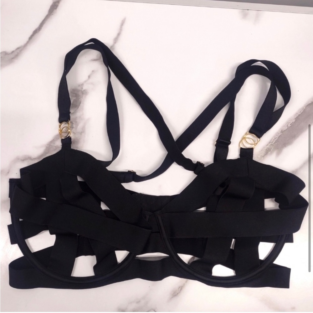Unlined Strappy Demi Bandage Cage Balconet Open Cup Bra-Black 38 C